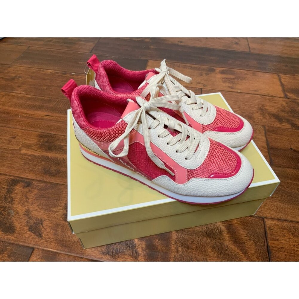 Michael Kors White Pink Wilma Trainer Tech Canvas Lace Up Sneakers, Size 7.5